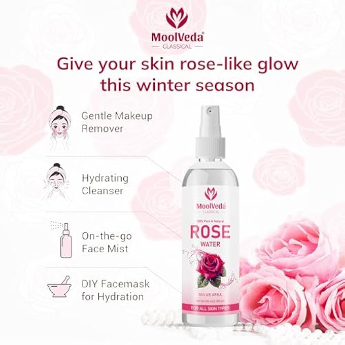 Moolveda PREMIUM ROSE WATER(GULAB JAL) /FACE TONER | ALCOHOL FREE | CLEANSES, HYDRATES & MOISTURISES SKIN | BALANCES & RESTORES SKIN'S PH LEVELS | FOR ALL SKIN TYPES, 100ML - Image 4